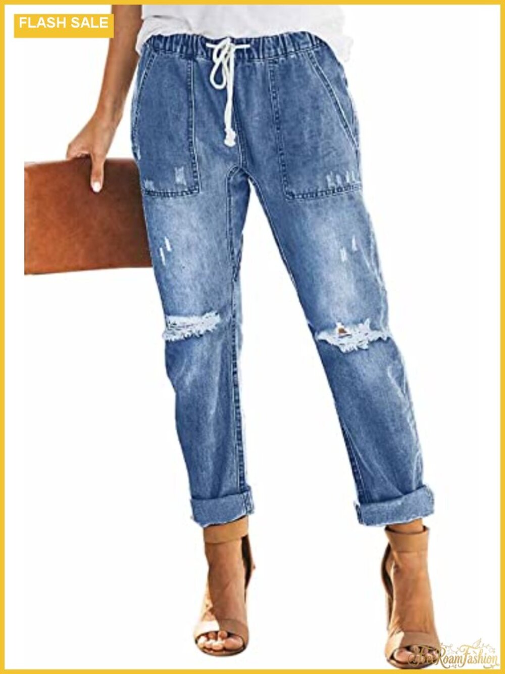 Women's Pull-on Distressed Stretch Jeans Elastic Waist Denim Joggers